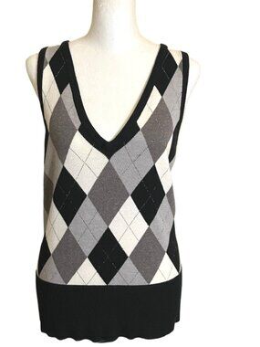 New York & Co Black, Cream, Grays Argyle Sweater Vest Metallic Threading Size M